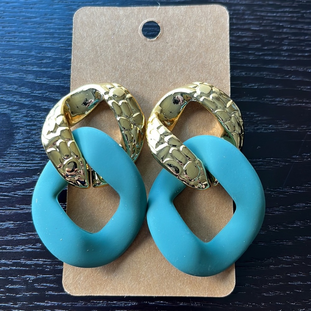 Boutique Statement Gold & Teal Link Earrings